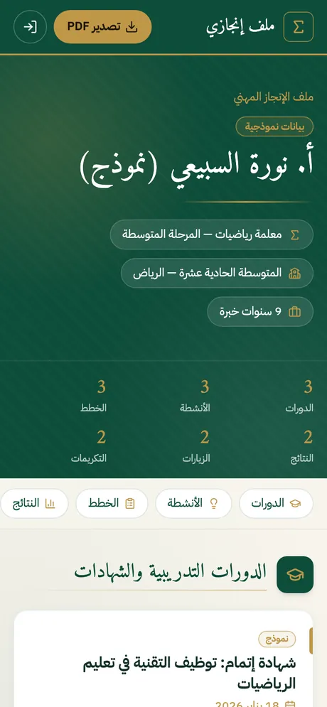 صفحة ملف الإنجاز: بيانات المعلمة وعدد العناصر في كل قسم