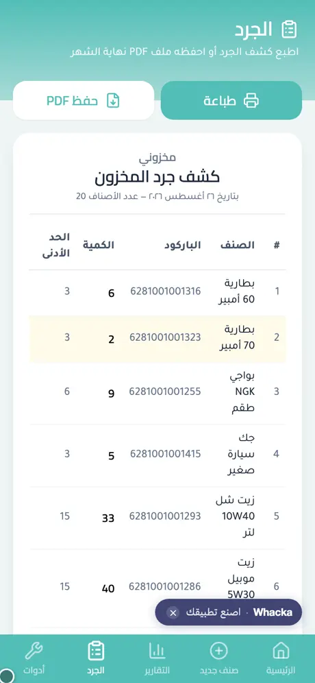 كشف جرد المخزون في مخزوني: جدول بالأصناف والباركود والكمية والحد الأدنى مع زري طباعة وحفظ PDF