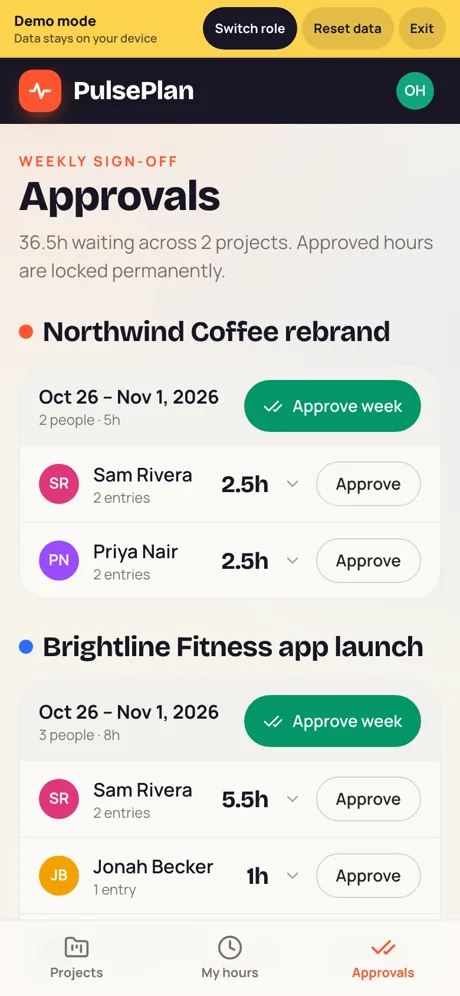 Weekly timesheet sign-off — approved hours lock