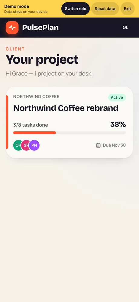 The client sees only their project’s progress