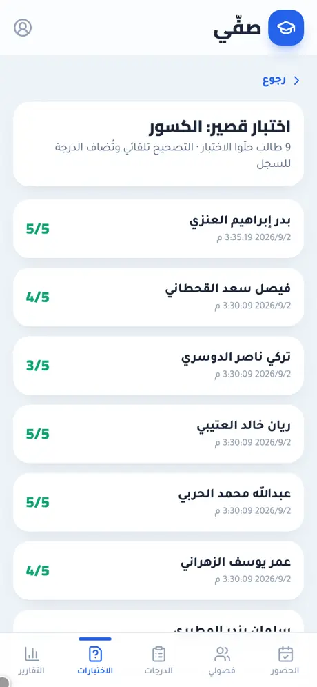 شاشة نتائج المعلم: تسعة طلاب حلّوا الاختبار، لكل واحد وقت التسليم ودرجته من خمسة
